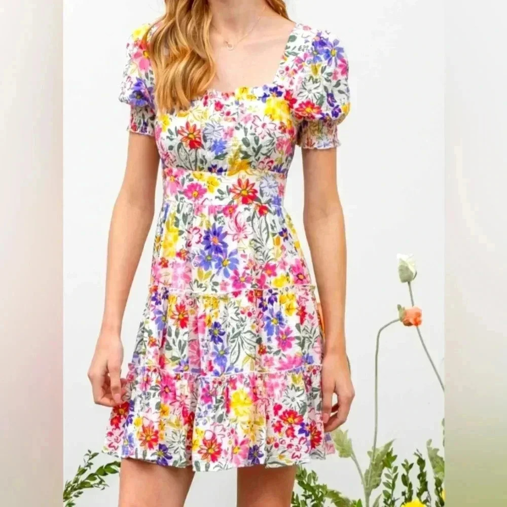 Blu Pepper Women's Floral Square Neck Puff Sleeve Mini Dress